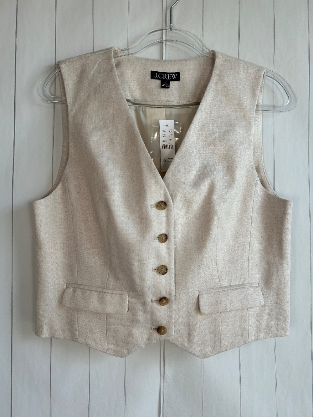 J. Crew women size 12 classic vest in linen blend beige v-neck lined NEW